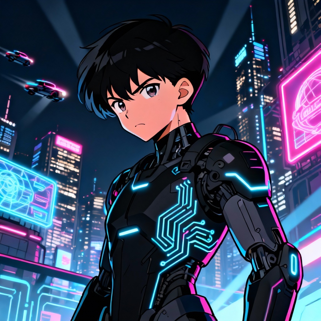 AI cel shaded cyberpunk portrait with bold outlines and neon lights
