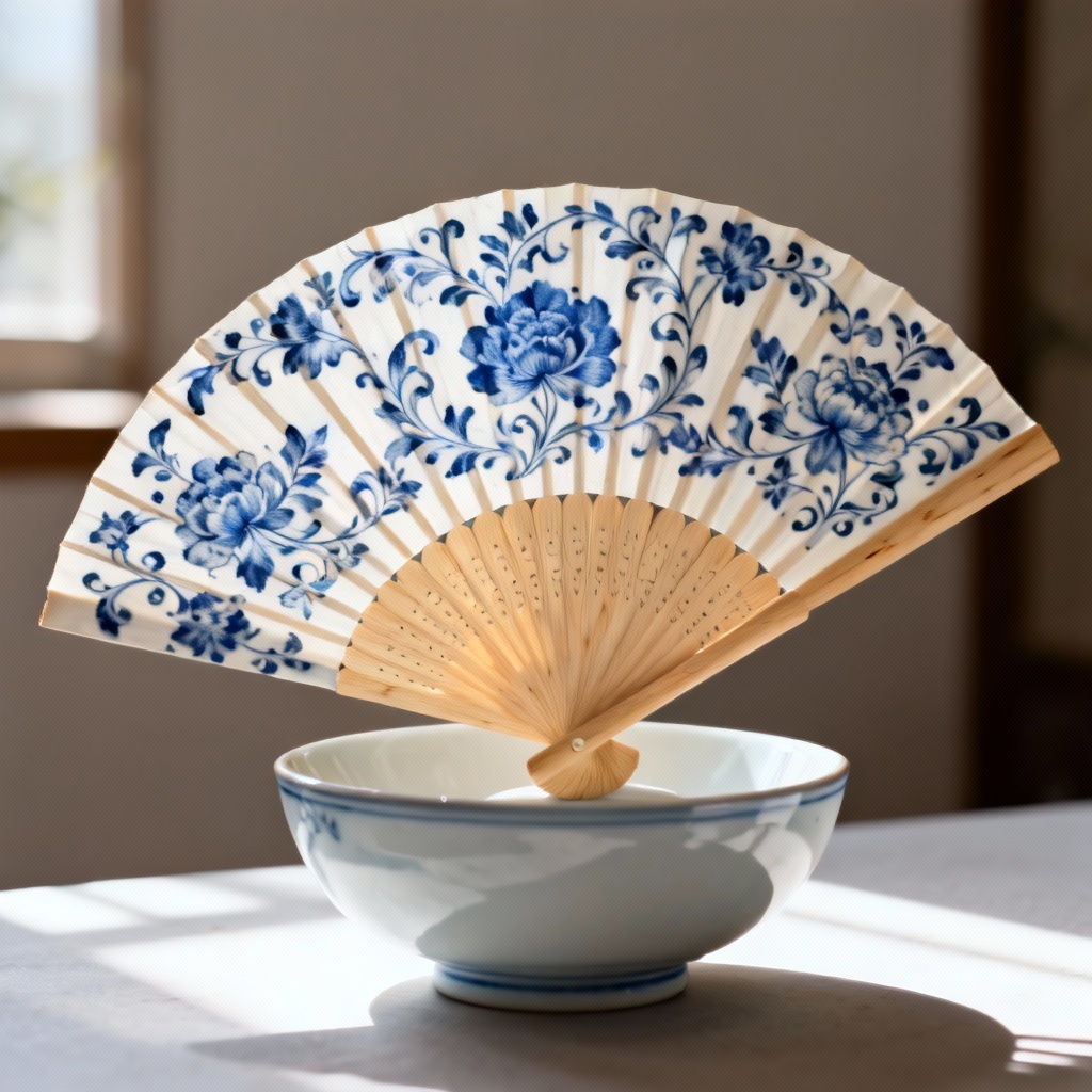 AI blue and white porcelain inspired fan