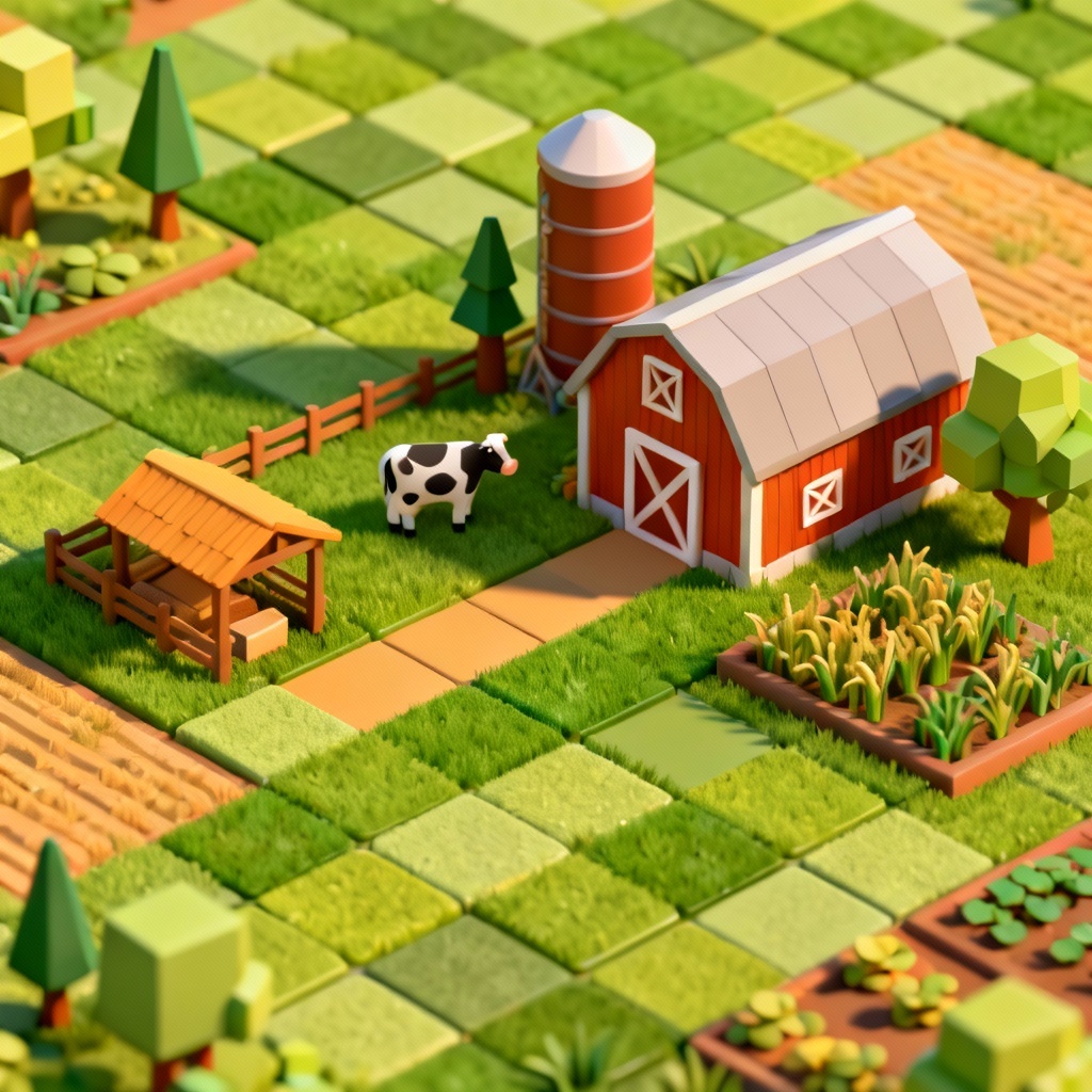 Stylized isometric farm field with patterned grass tiles
