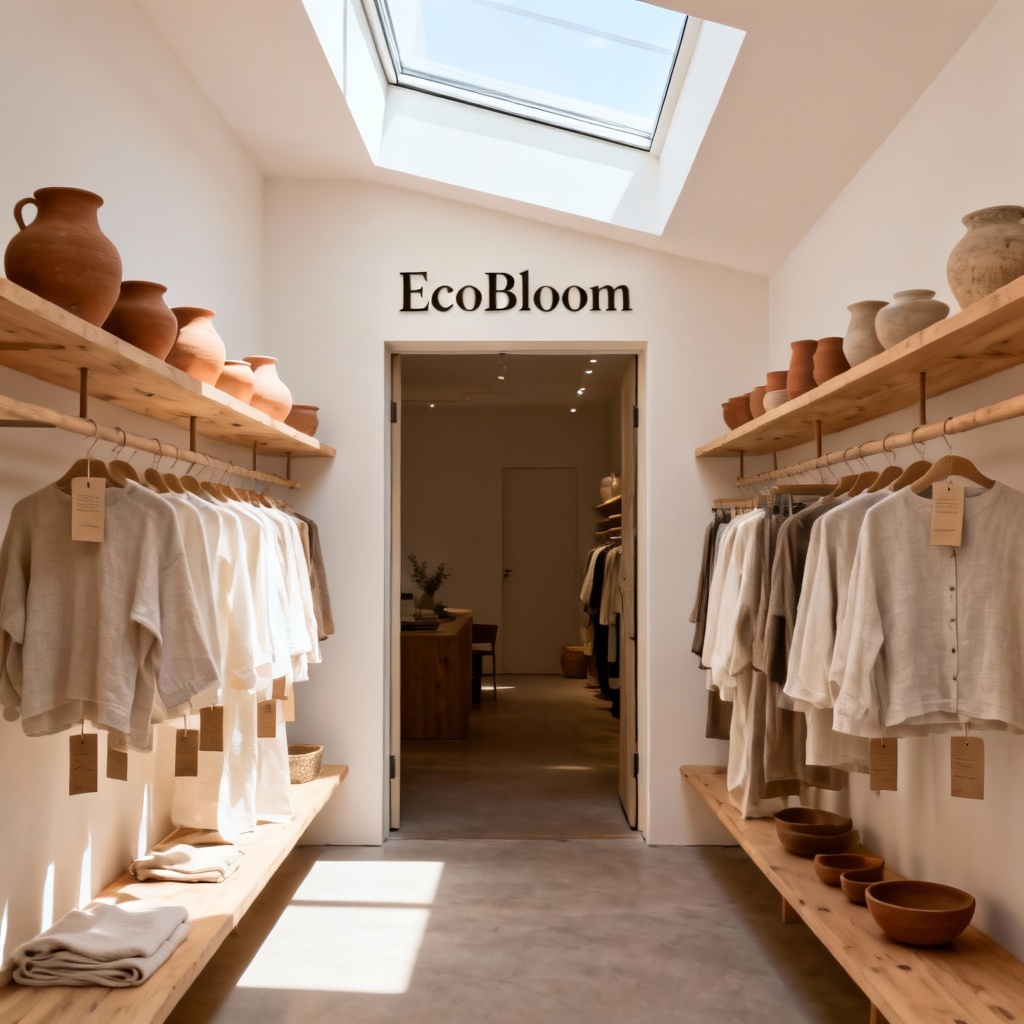 AI eco boutique with light oak shelving and skylight