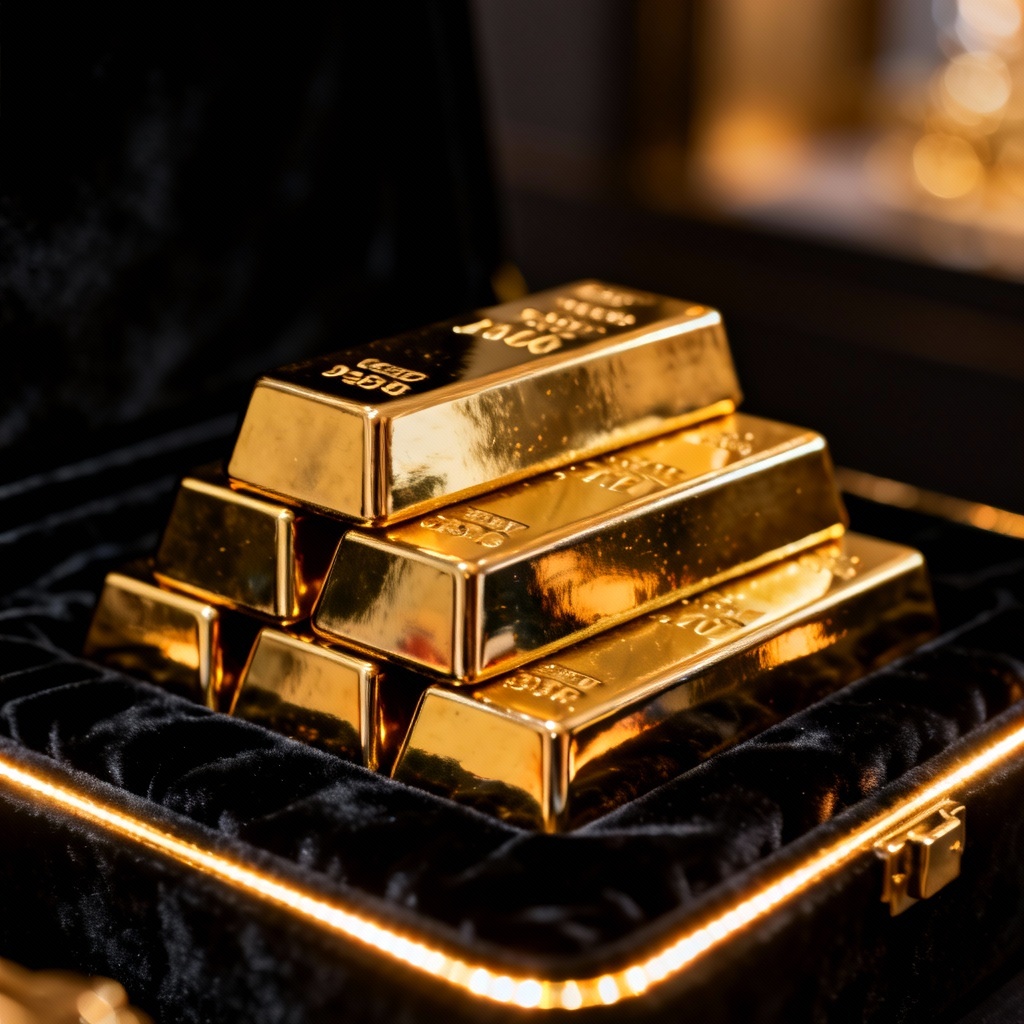 Photorealistic 24k gold bars stacked on black velvet with cinematic lighting