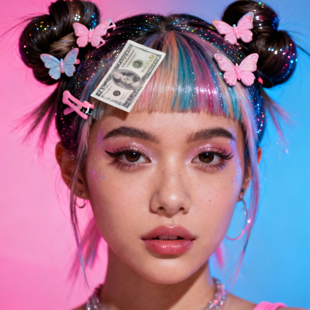 AI Y2K hairstyle try-on with space buns, butterfly clips, and chunky highlights