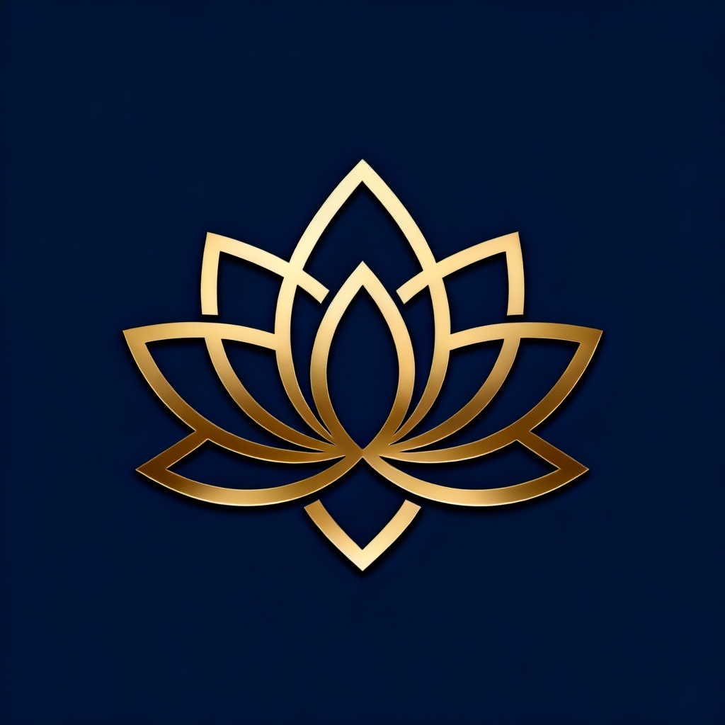 Minimal lotus logo icon in gold on dark background