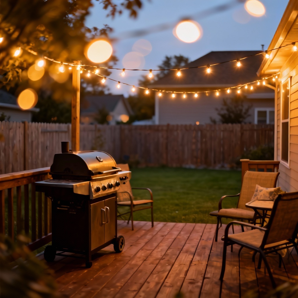 Backyard BBQ evening string lights and wooden deck