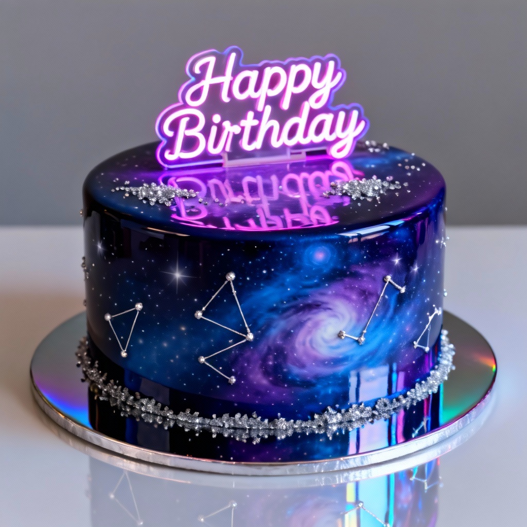 AI galaxy mirror glaze birthday cake design