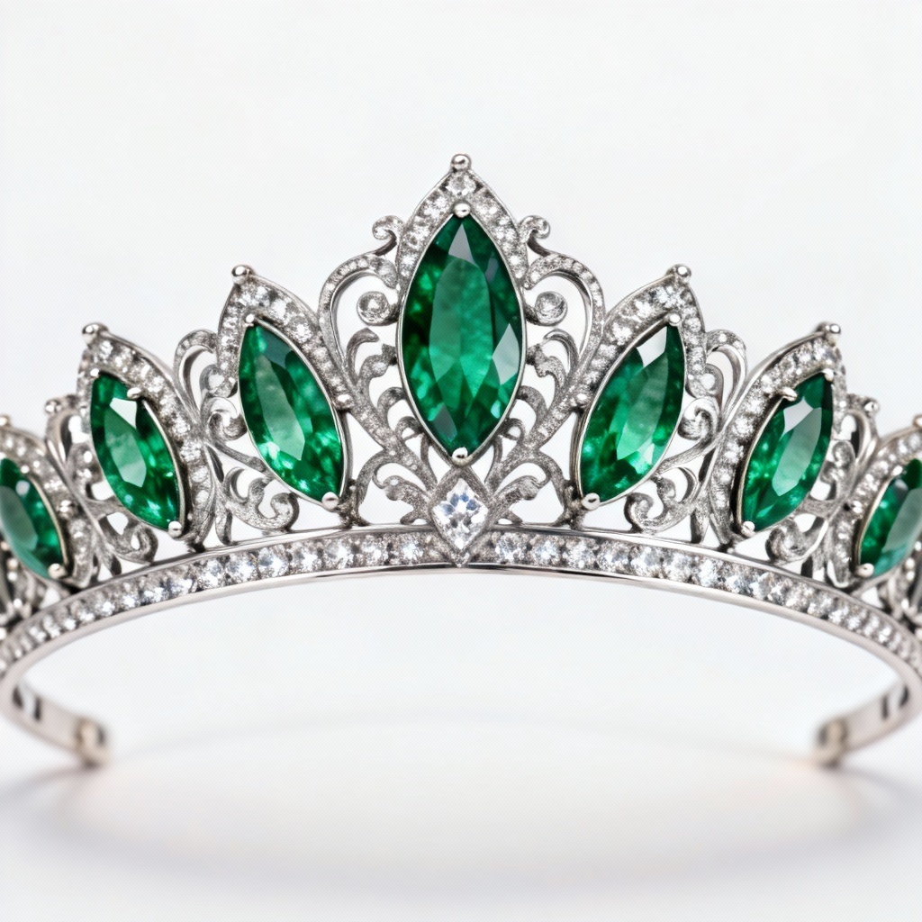 AI royal emerald diadem tiara with platinum filigree and diamonds
