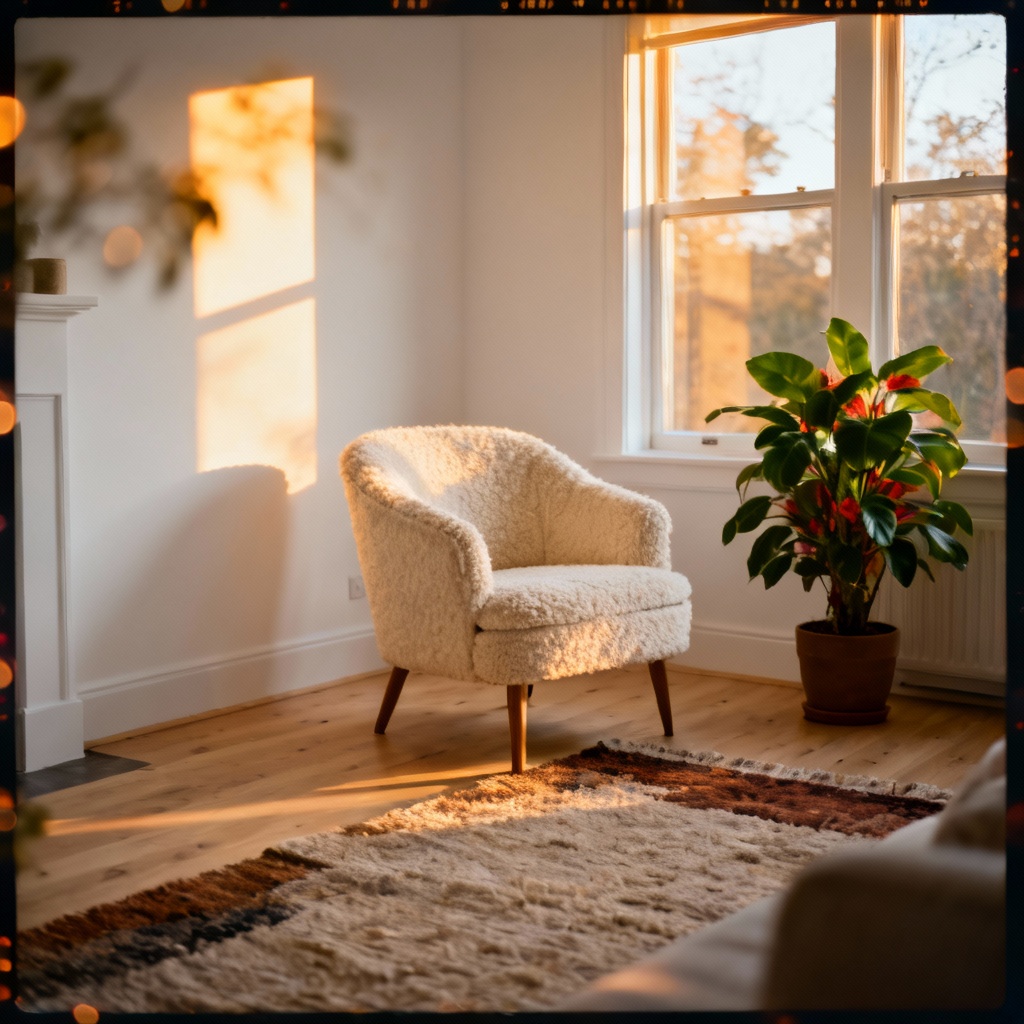 AI cozy living room photo with warm daylight and natural textures