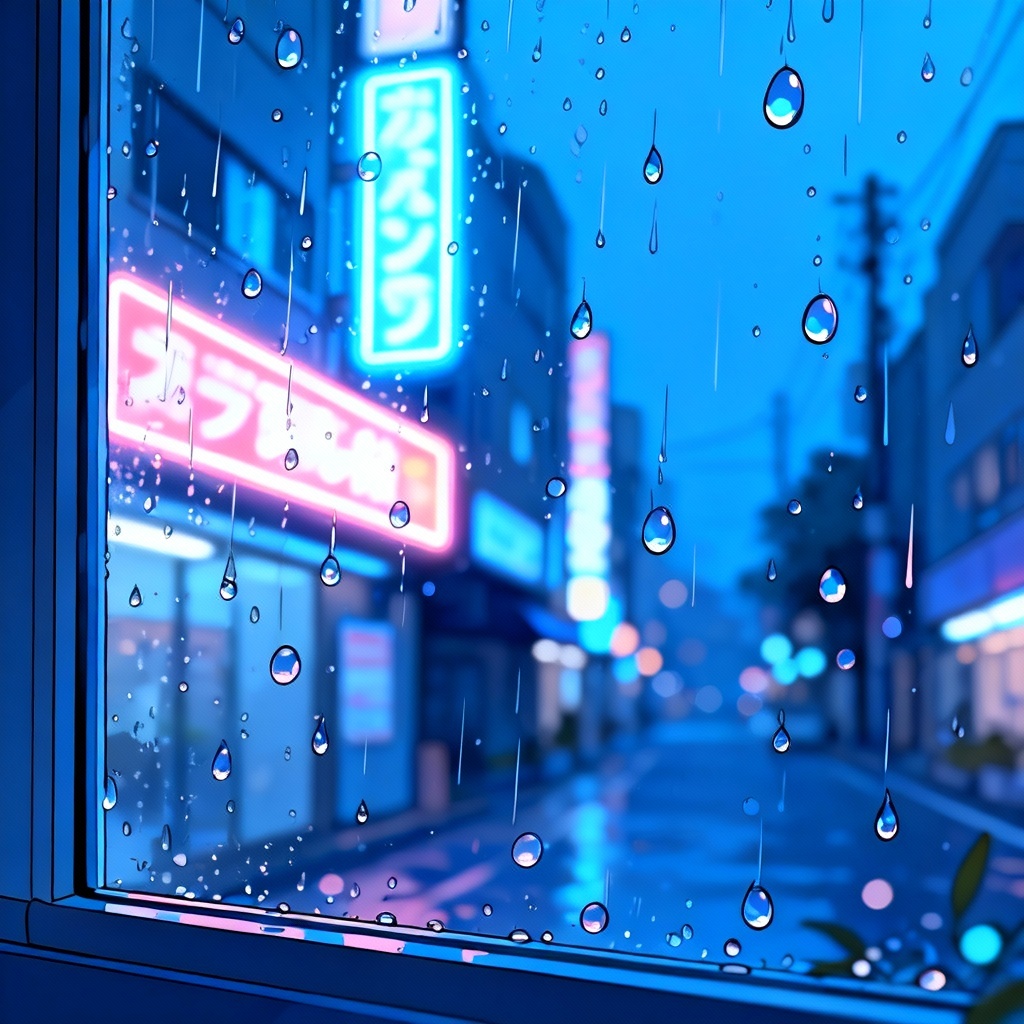 Anime street scene through rainy window with glow