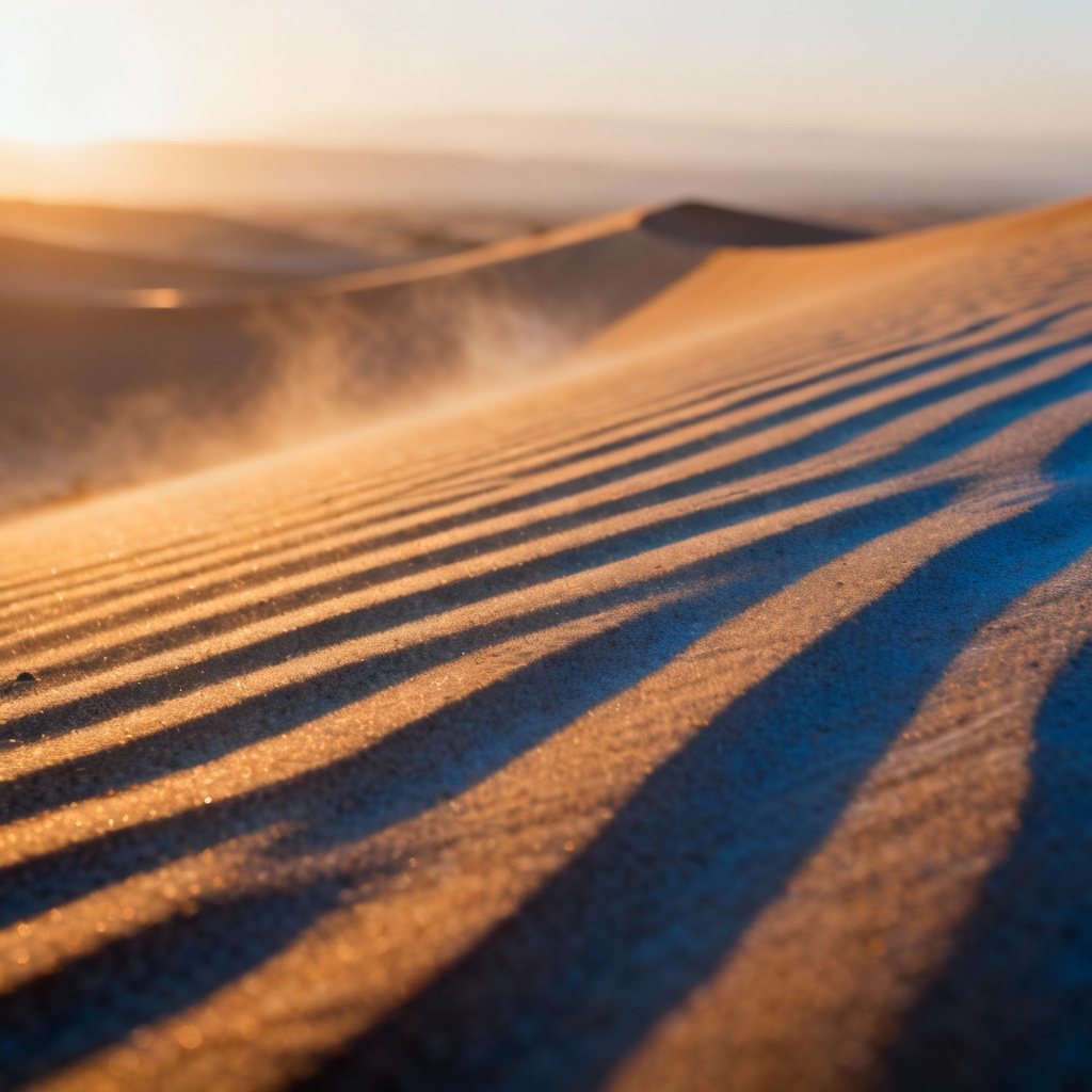 Close-up desert sand ripples glowing at sunrise