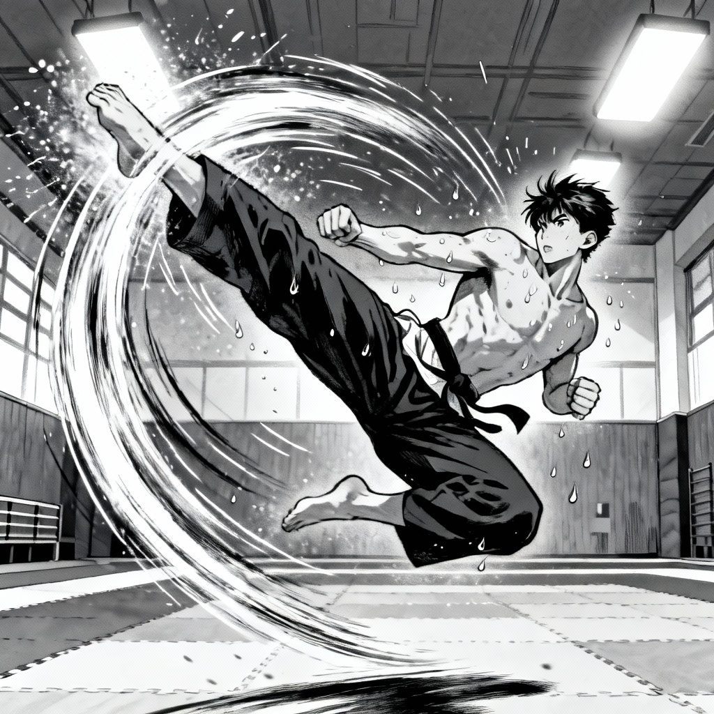 AI manhwa martial arts champion action pose