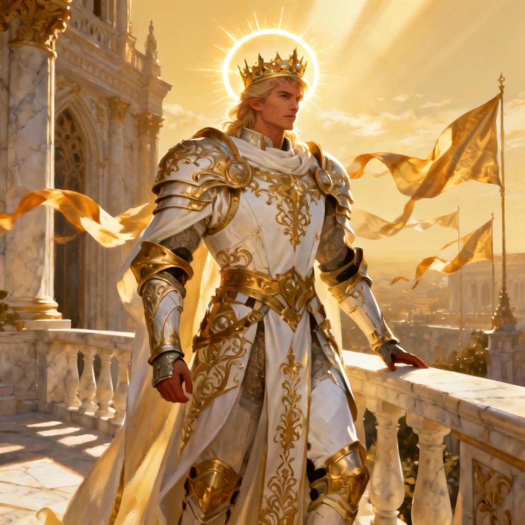 Golden celestial high lord with radiant crown and sunlit palace