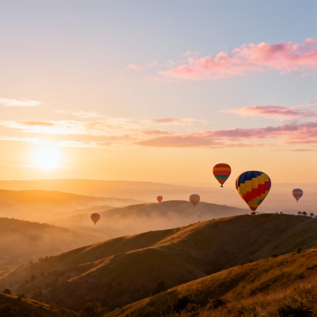 AI hot air balloon background at sunrise with colorful balloons and soft clouds