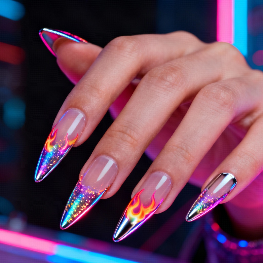 AI holographic glitter flame tip Y2K nails