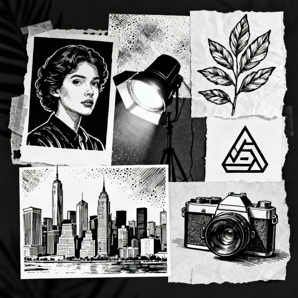 AI black and white illustration collage showing portrait, city, logo, and botanical line art