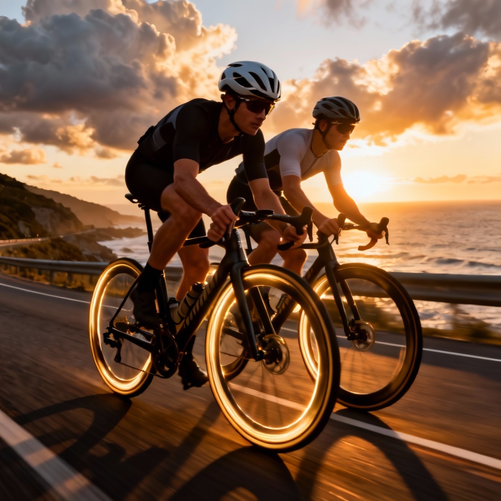 AI biking image of a road cyclist drafting at sunrise