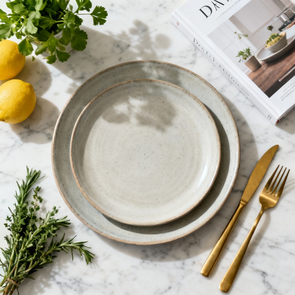 AI modern kitchen flat lay with marble textures and props