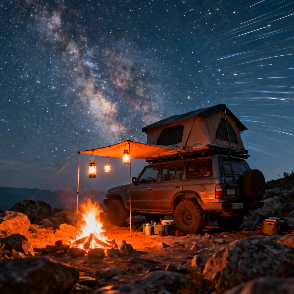 AI overlanding SUV camping under starry sky