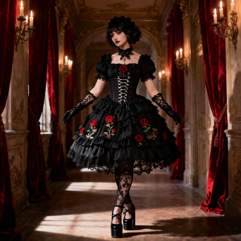 AI Gothic Kuro Lolita in black JSK with roses