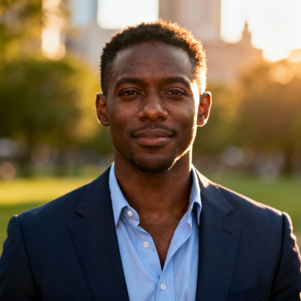 AI LinkedIn headshot with golden hour outdoor background