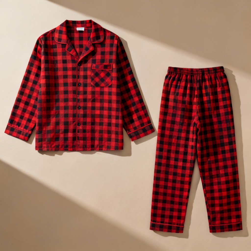 AI red and black plaid Christmas pajama set flat-lay