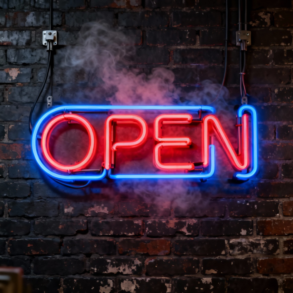 AI classic open neon sign on brick wall
