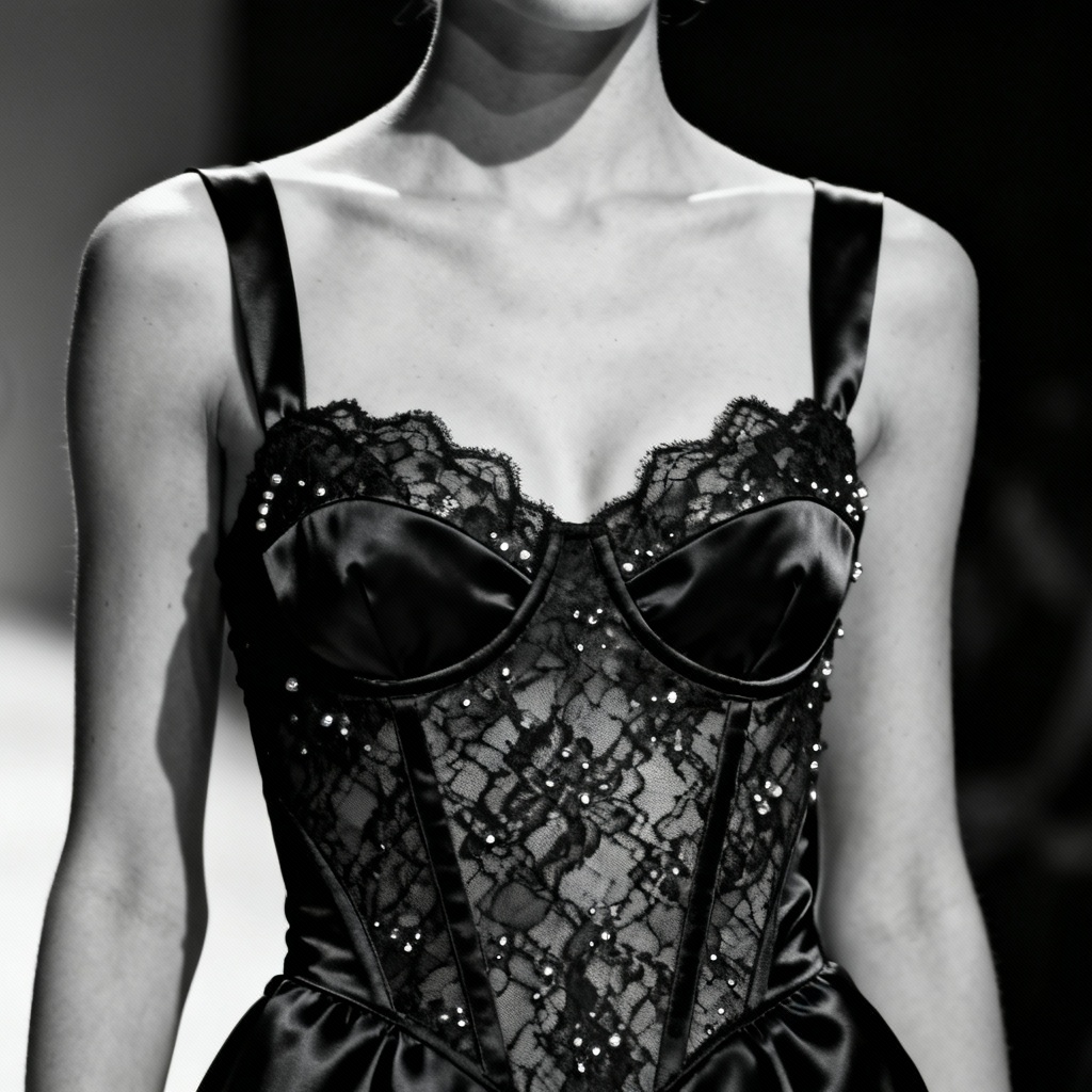 AI runway black lace bustier with beadwork
