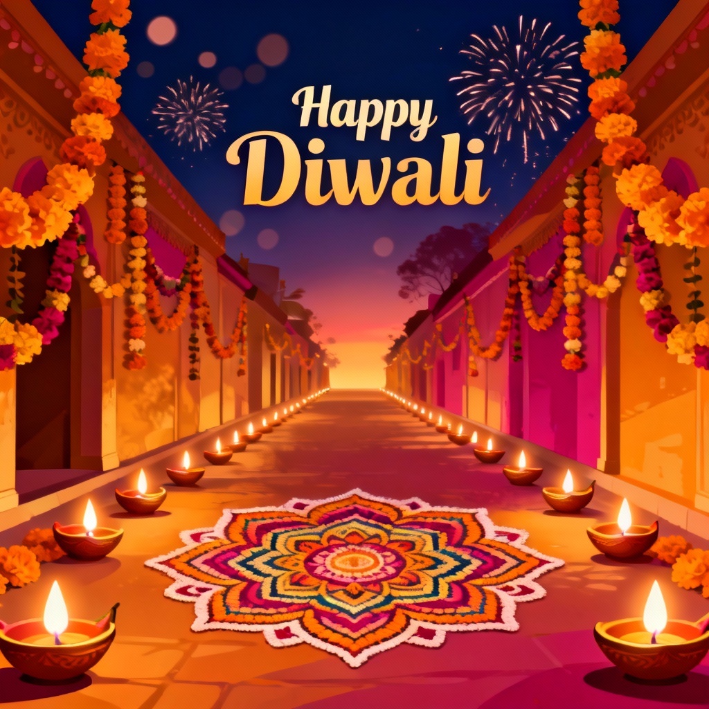 AI Hindu Festival Diwali Poster with Diyas and Rangoli