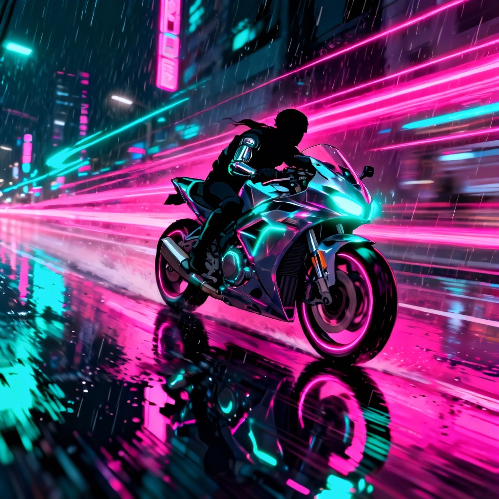 AI cyberpunk motorcycle sprinting through neon city