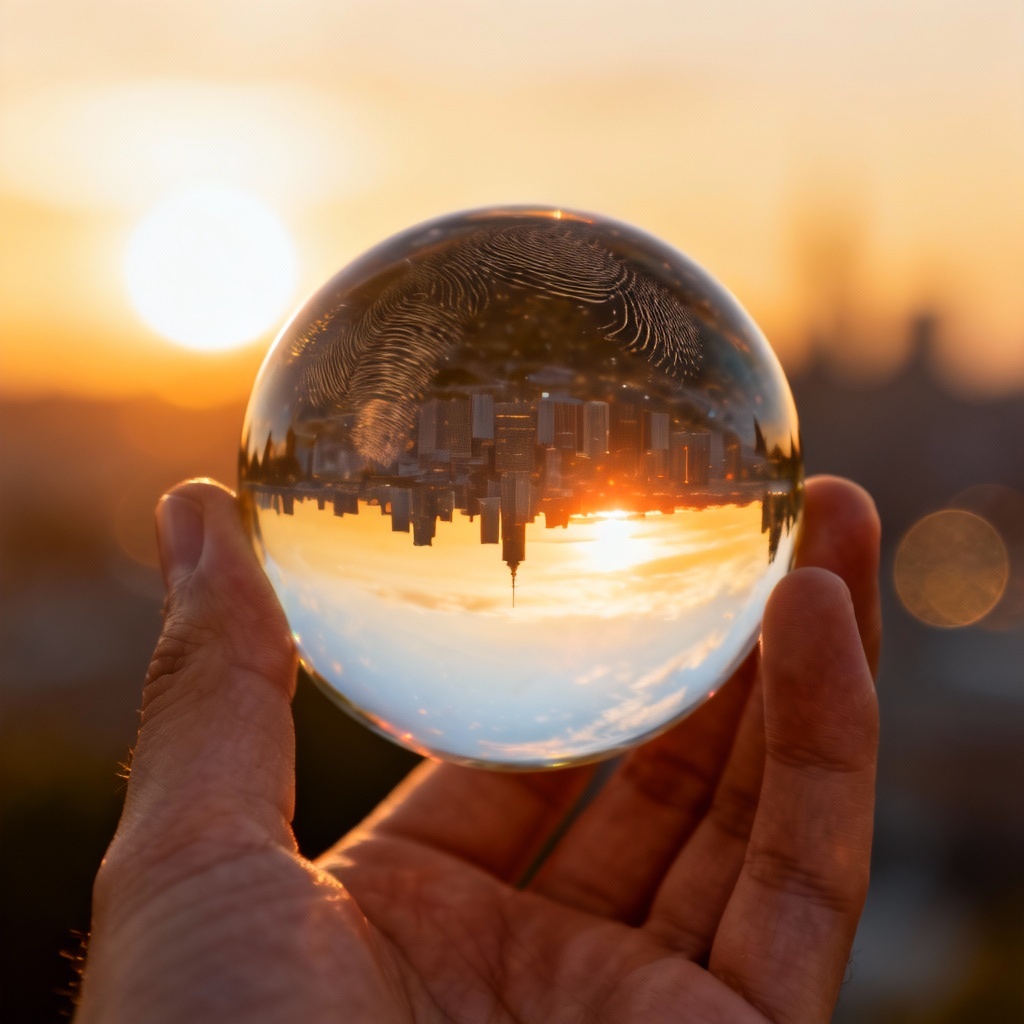 Lensball cityscape at sunset with inverted skyline refraction