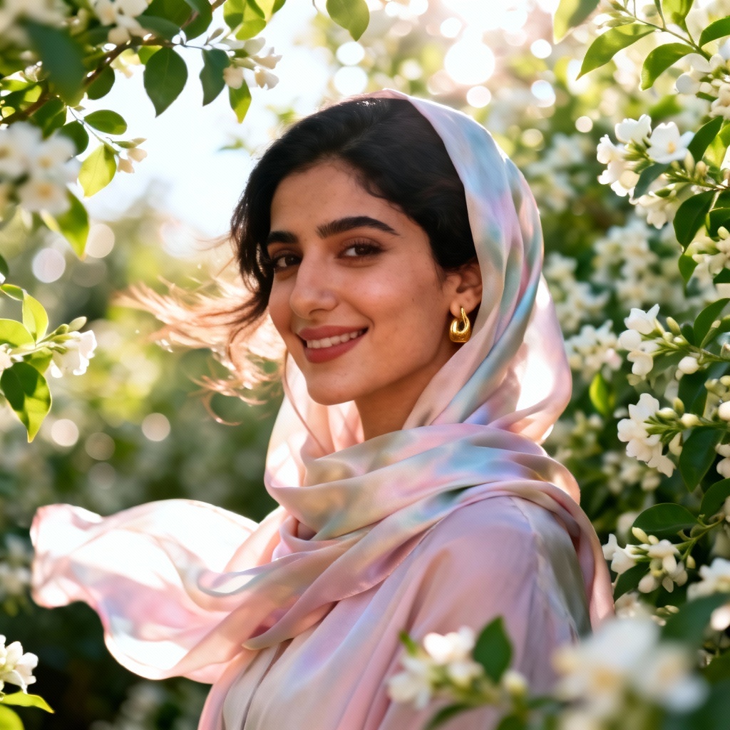 AI Persian garden portrait with silk scarf and jasmine background