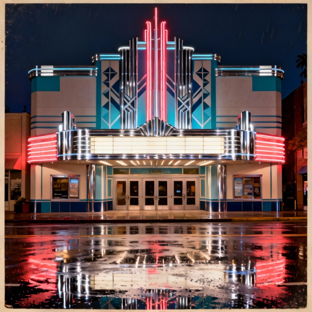 AI Art Deco vintage building at night with neon