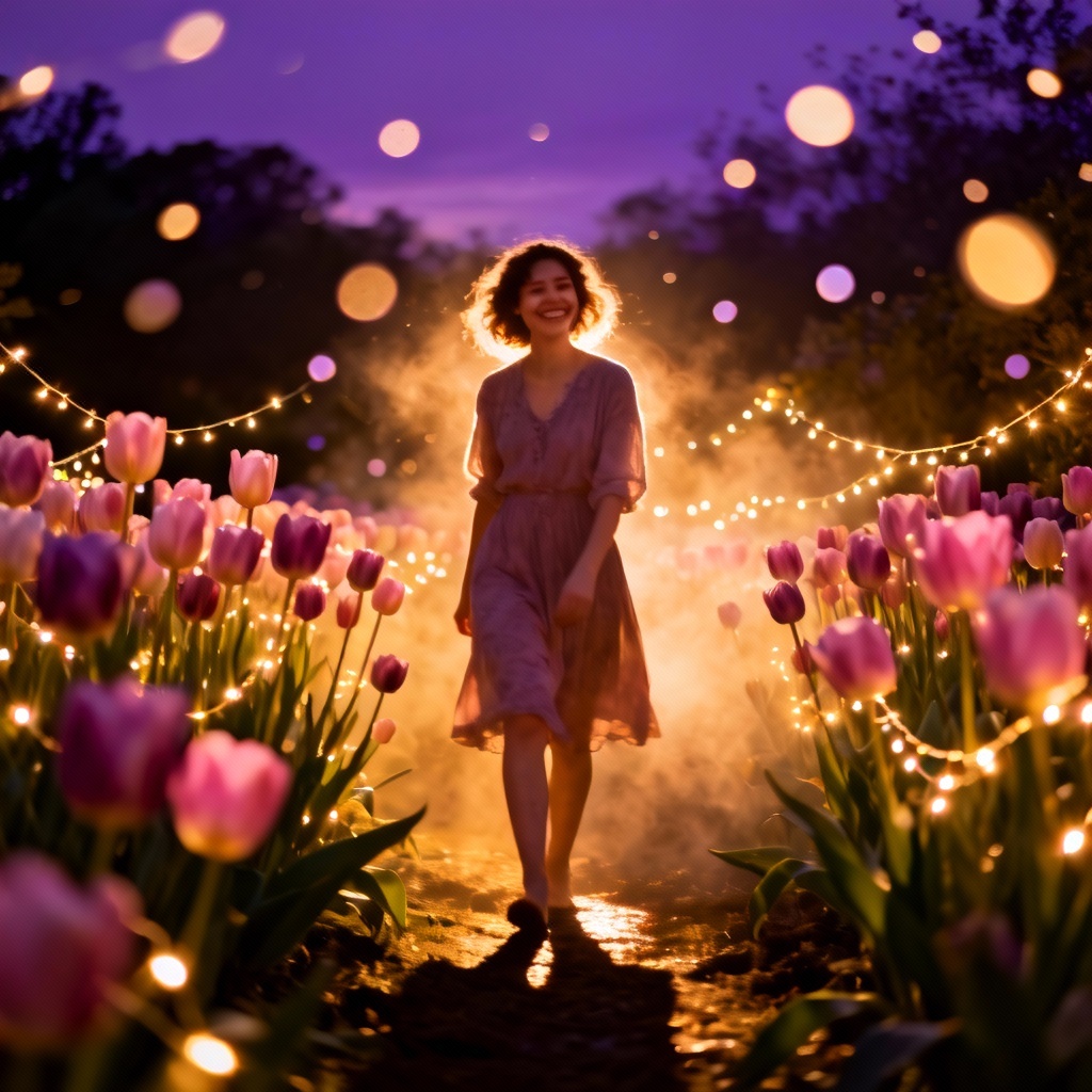 Night tulip garden with fairy lights