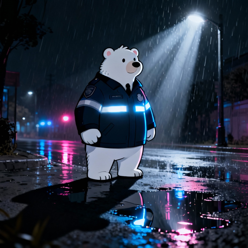 AI Zootopia 2 style polar bear officer at night