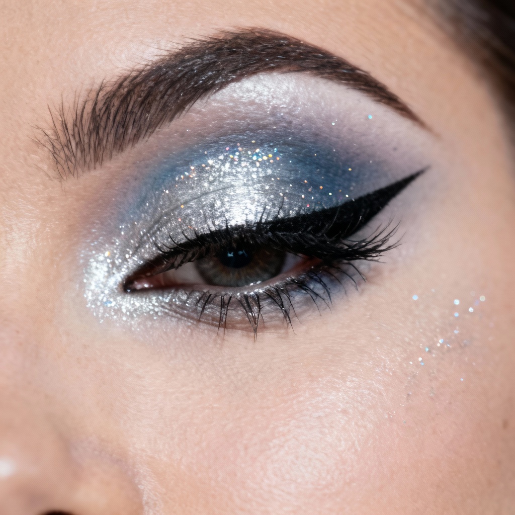 AI glitter cut-crease New Year eye look