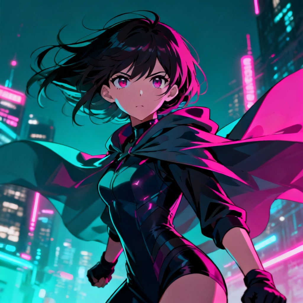 AI anime female character standing in neon-lit city