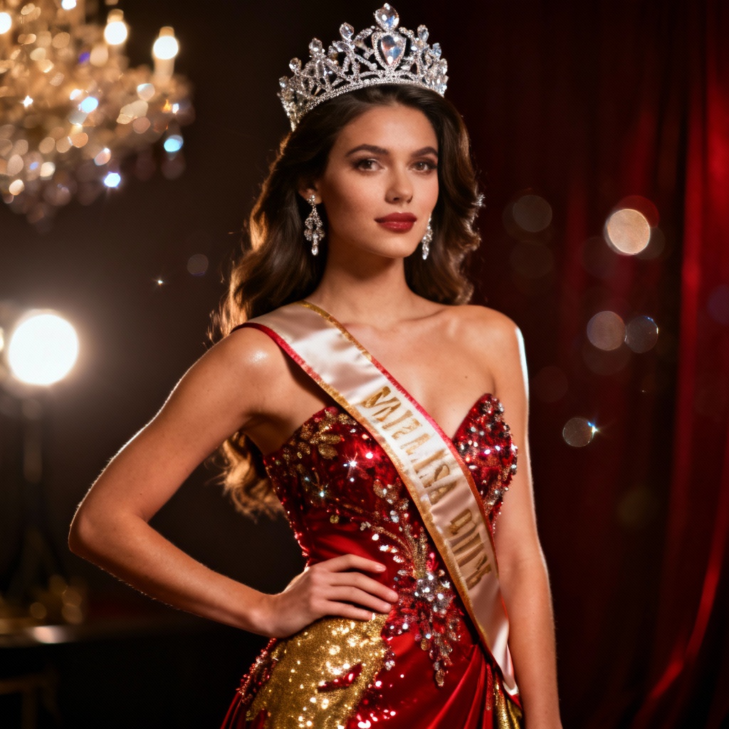AI pageant queen in evening gown with crown and sash