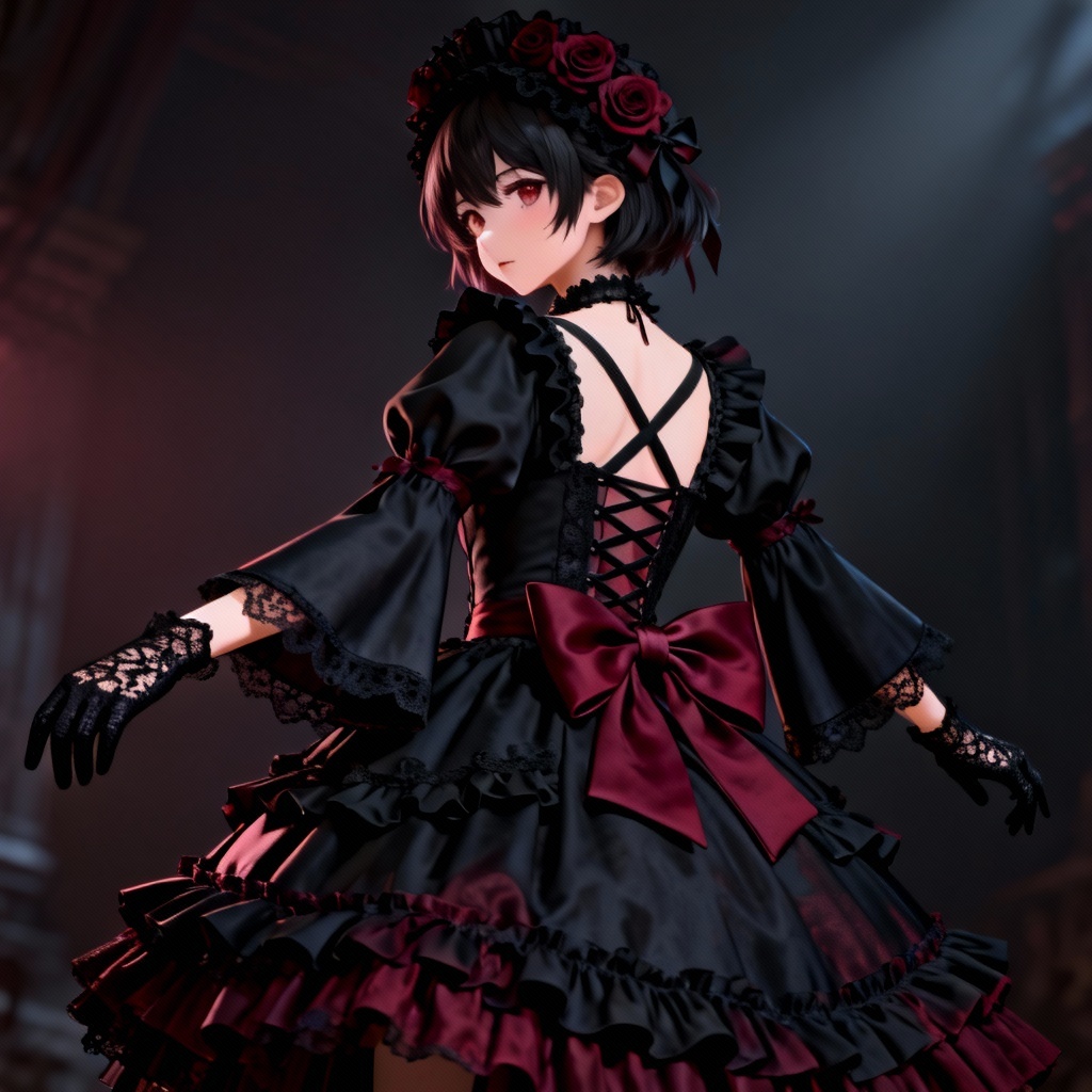 AI Gothic Lolita maid dress with tiered ruffles and rose headdress