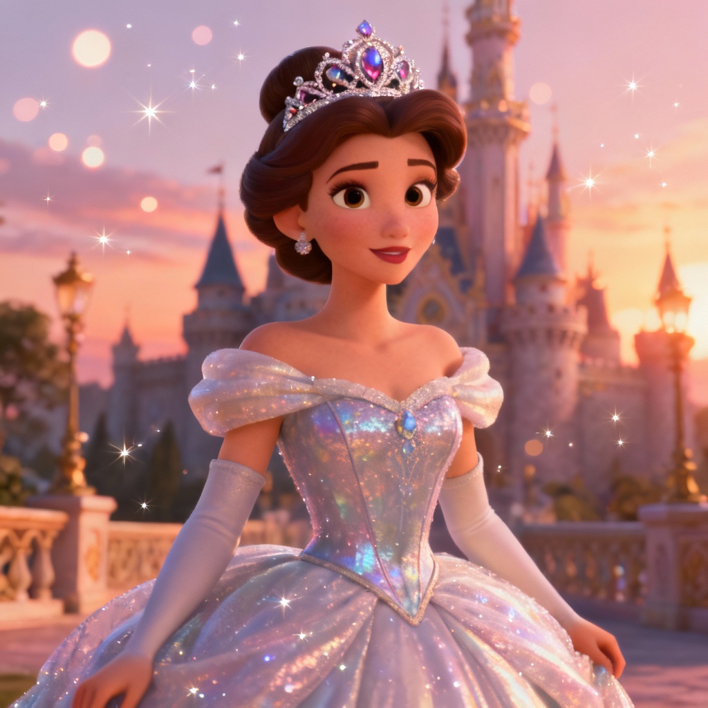 AI Disney princess portrait with castle and sparkling gown