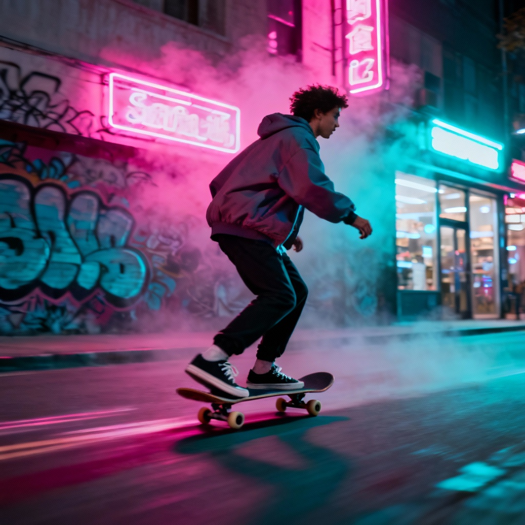 AI neon skater photo with youthful vibe
