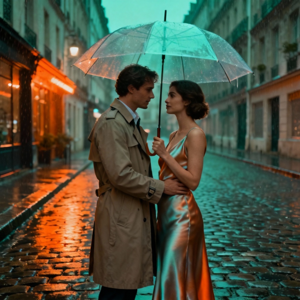 AI elegant couple in Paris under umbrella