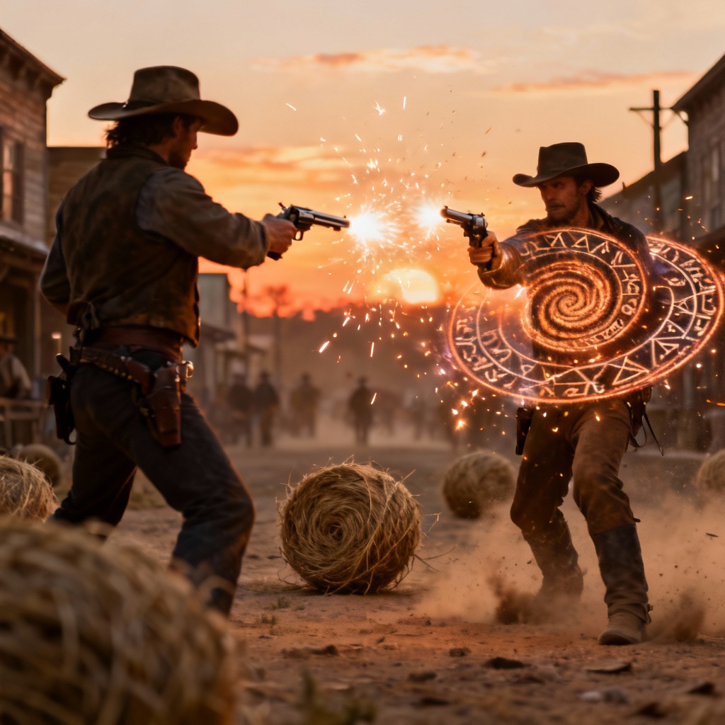 AI duel between two spell-slinging cowboys in a dusty street