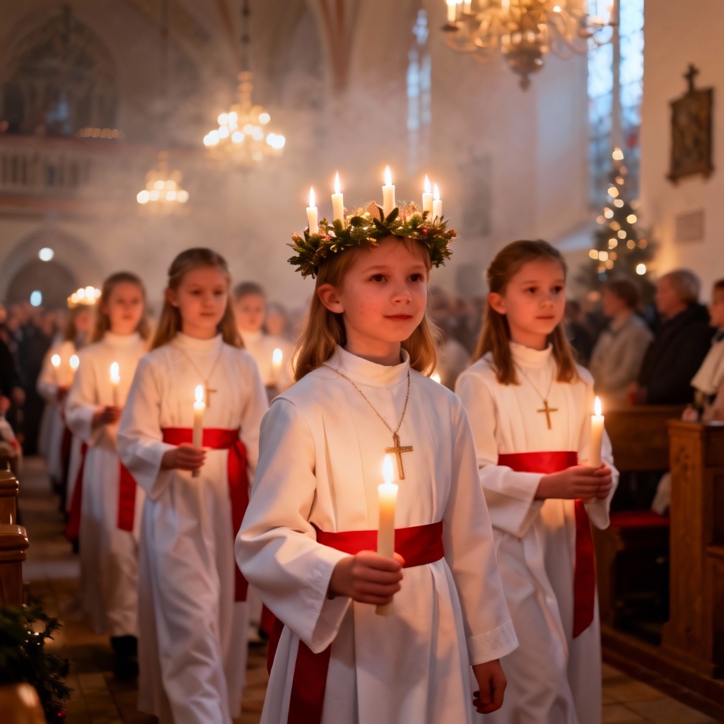 Child choir in Lucia procession with candle crowns