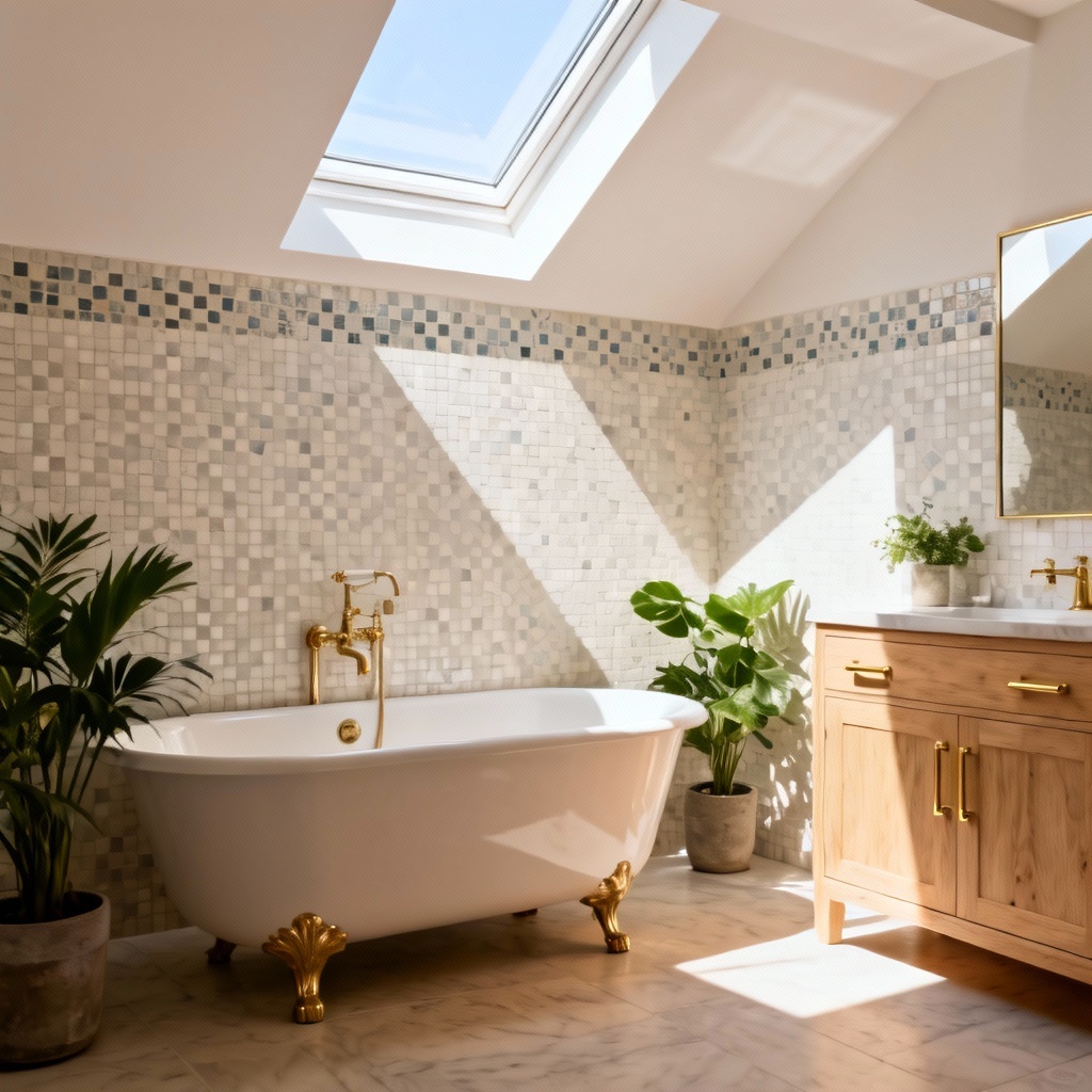 AI coastal bathroom with zellige tiles and freestanding tub