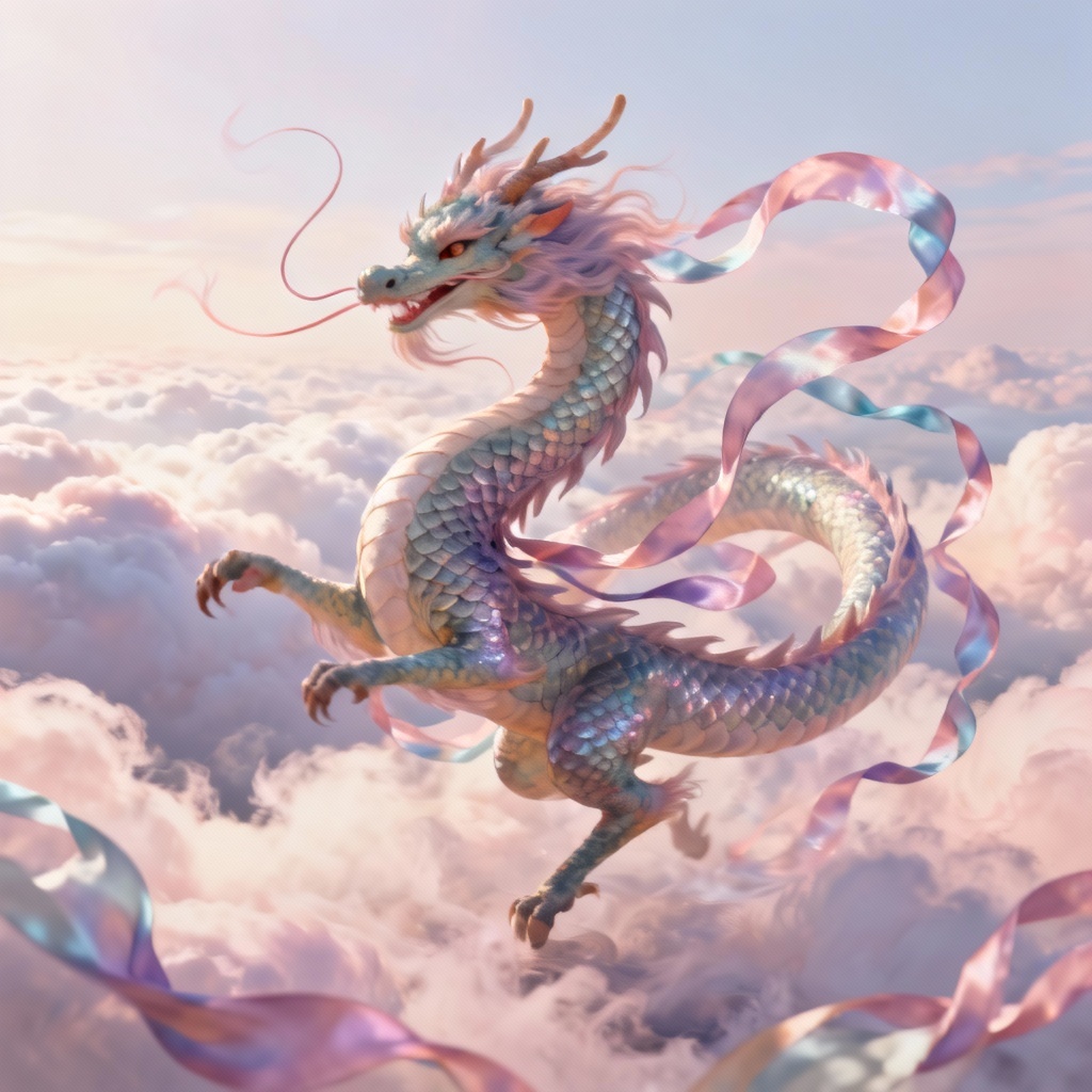 AI sky dragon furry dancer twirling with silk ribbons