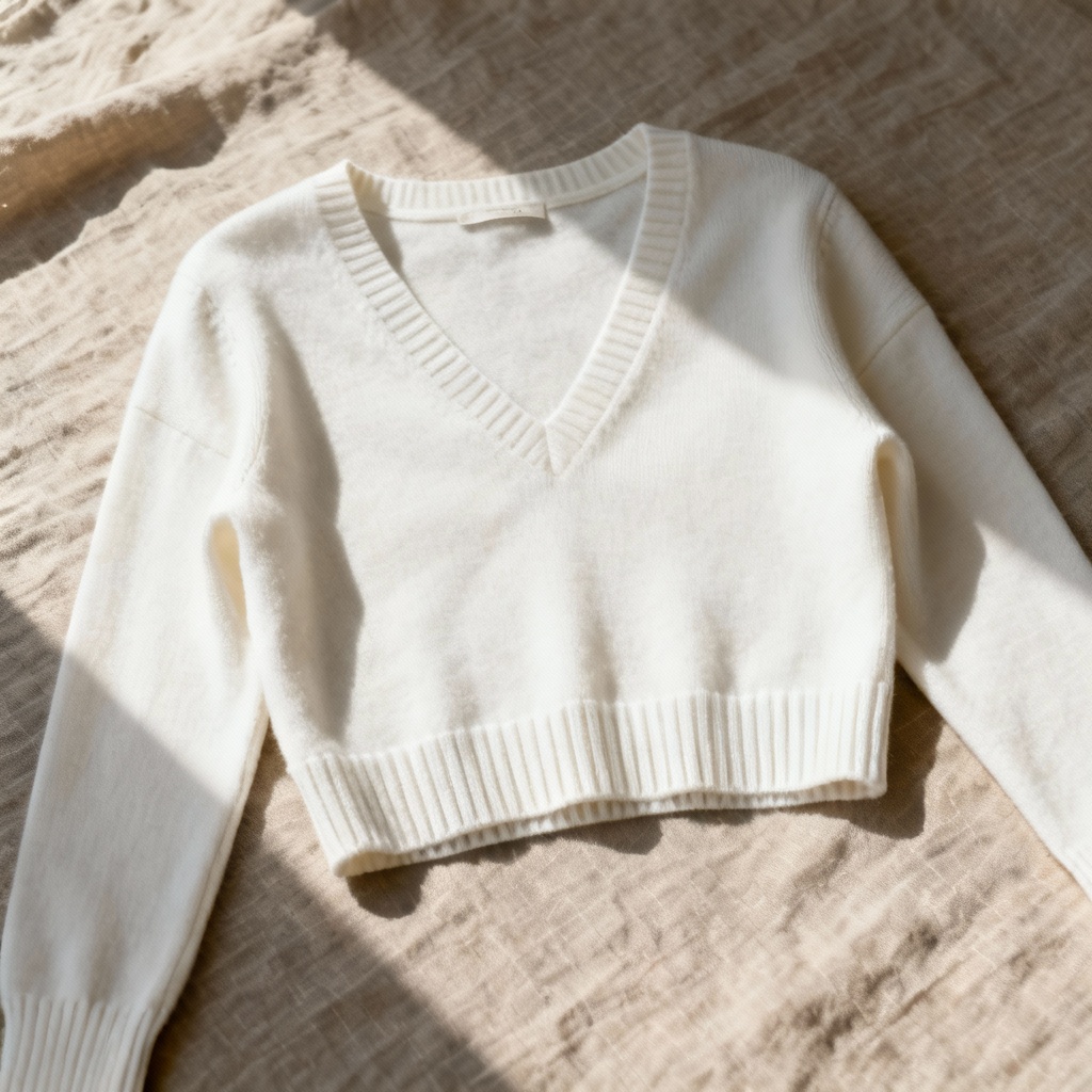 AI cropped white v-neck sweater flat lay
