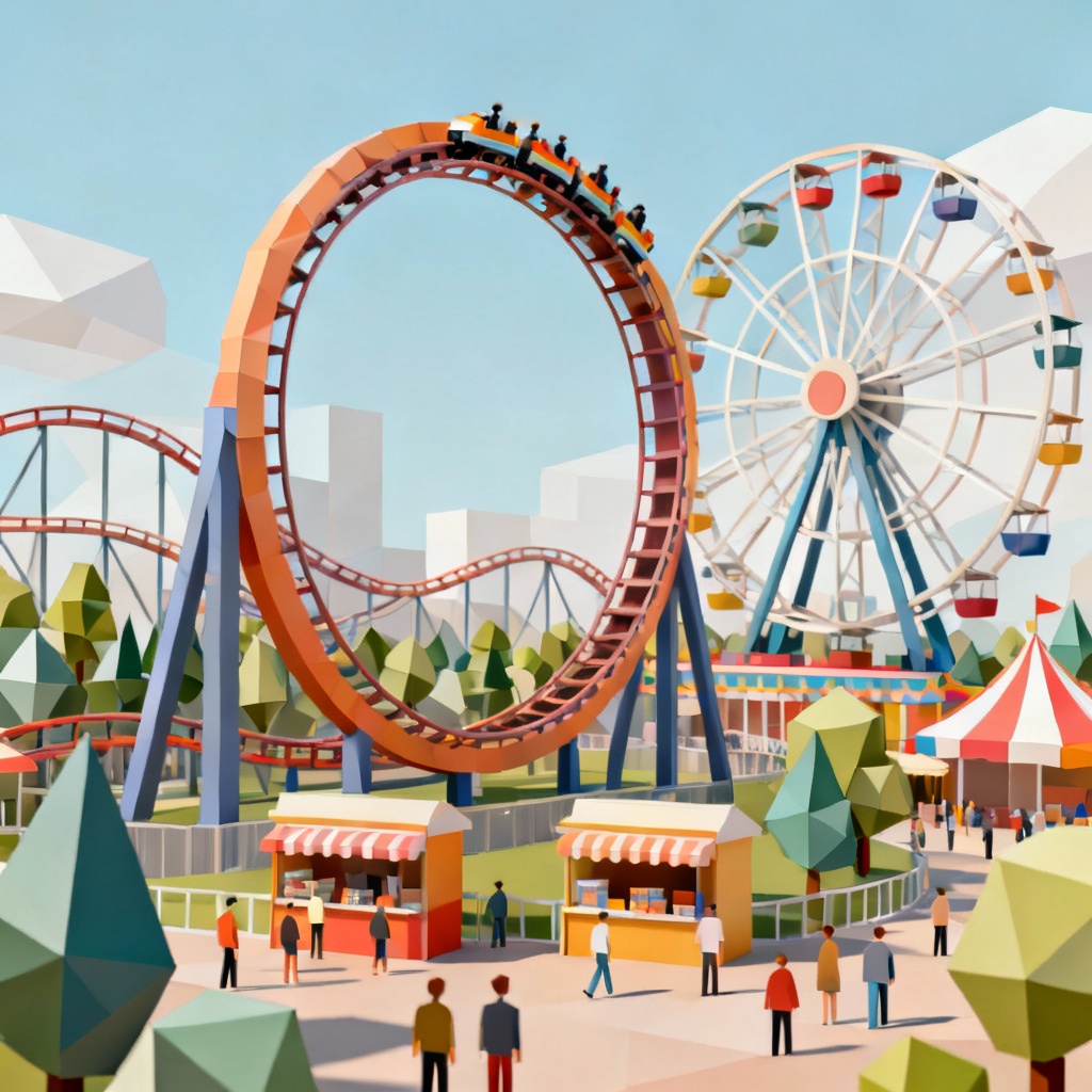 AI low poly amusement park scene with simple geometry