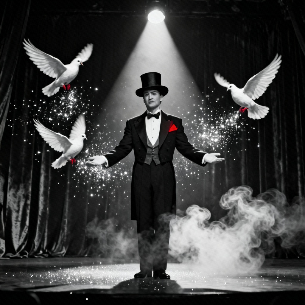 AI stage magician in noir style with top hat