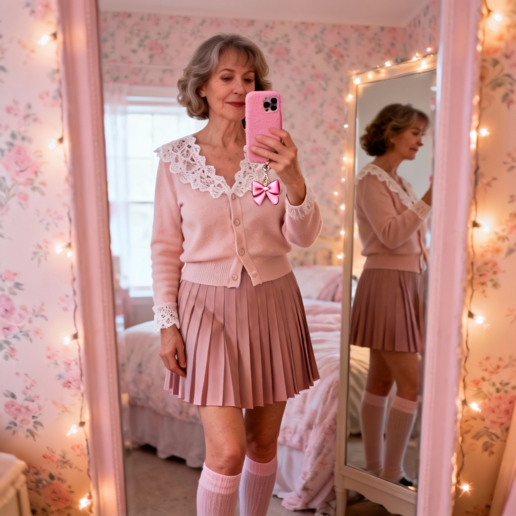 AI mirror selfie coquette aesthetic with pink phone case
