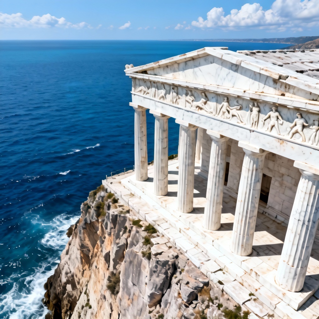 AI Greek marble sanctuary with Doric columns overlooking the sea