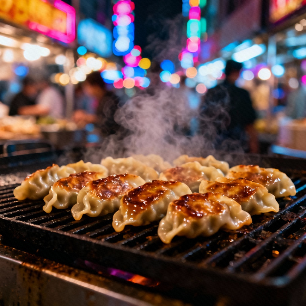 Street food vendor grilling dumplings at night market